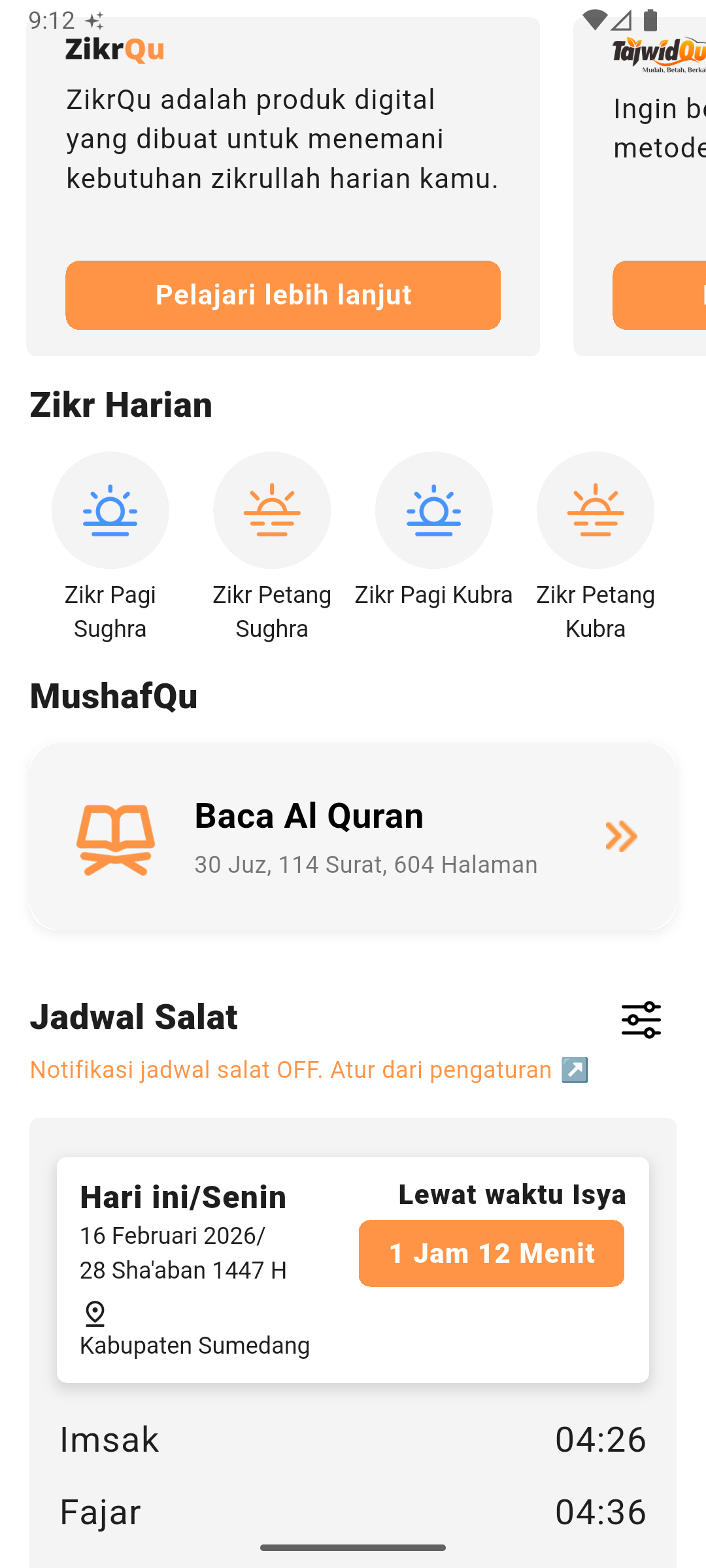 ZikrQu home showing daily zikr, MushafQu, and prayer schedule